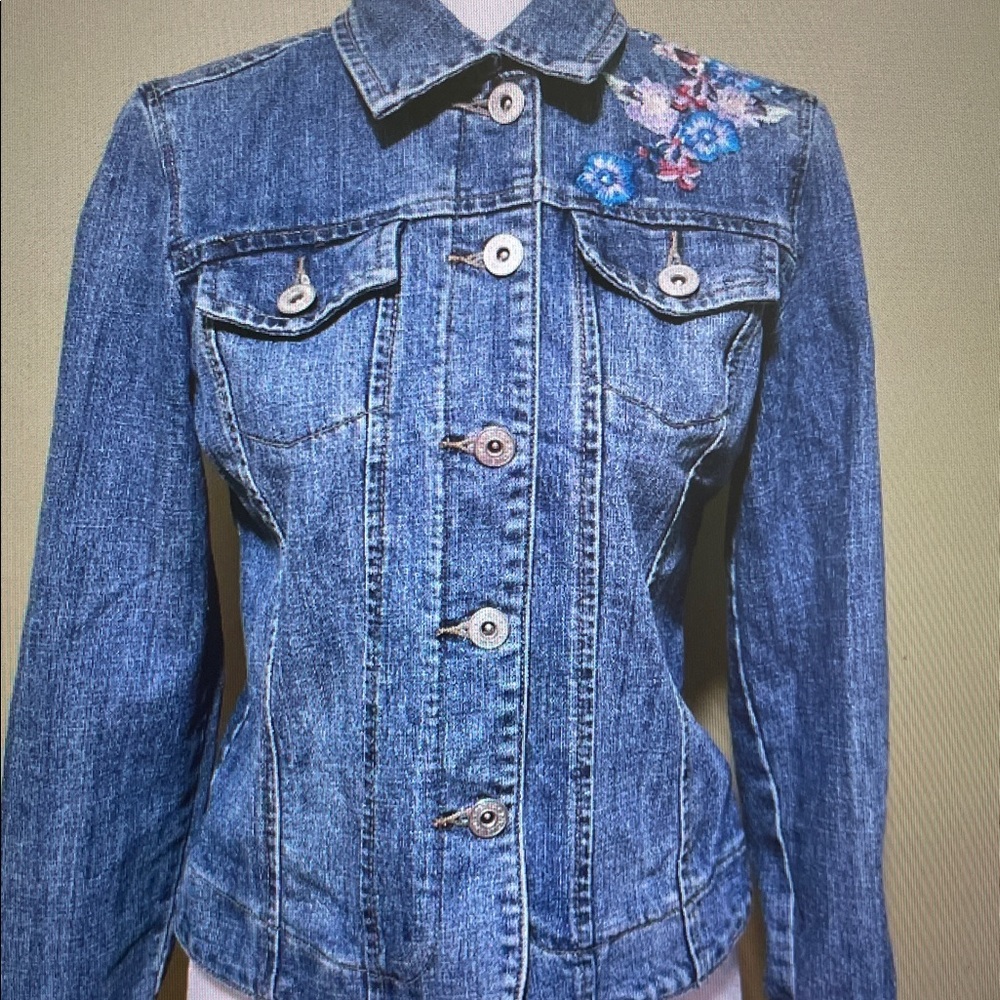 Petite Sophisticate Dark Blue Denim Jacket with Floral Embroidery